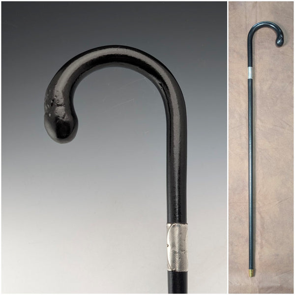 1929 British vintage black shaft curved handle pure silver decorated walking stick 85cm